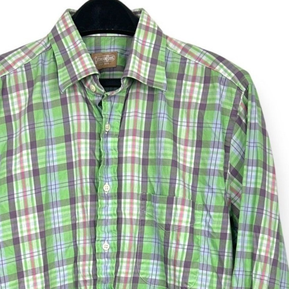 Gitman Brothers‎ Men's 16 32 (Medium) Button Up Plaid Check Cotton Green